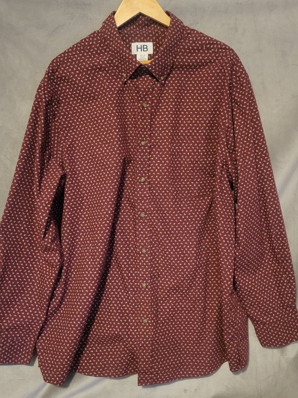HB Men's Long Sleeve Button Down Shirt Maroon White Paisley Cotton Blend 1XLT